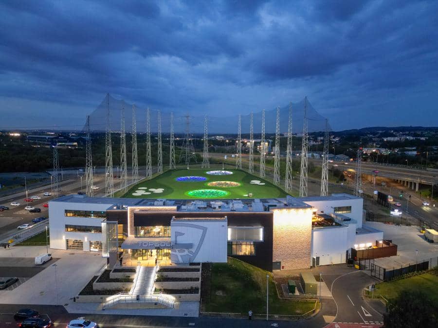 Aerial overview of Topgolf FEC, which returned to its British roots with Topgolf Glasgow in Scotland, the first U.K. location to open in 17 years