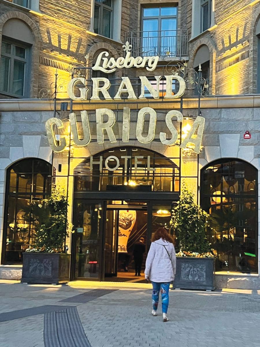 Liseberg's new Grand Curiosa Hotel, with columnist Tim O'Brien's wife walking toward the entrance