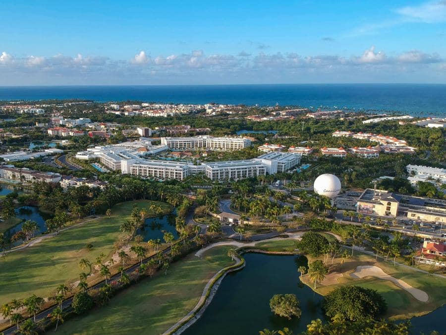 Aerial overview of Falcon's Resort by Meliá in Punta Cana, where Katmandu Park is located as an all-inclusive resort entertainment hub