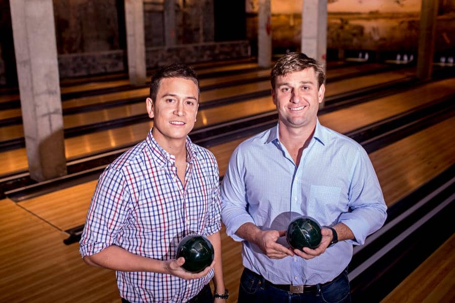 Portrait of Justin Amick and William Stallworth, business partners of entertainment venues The Painted Pin and The Painted Duck in Atlanta