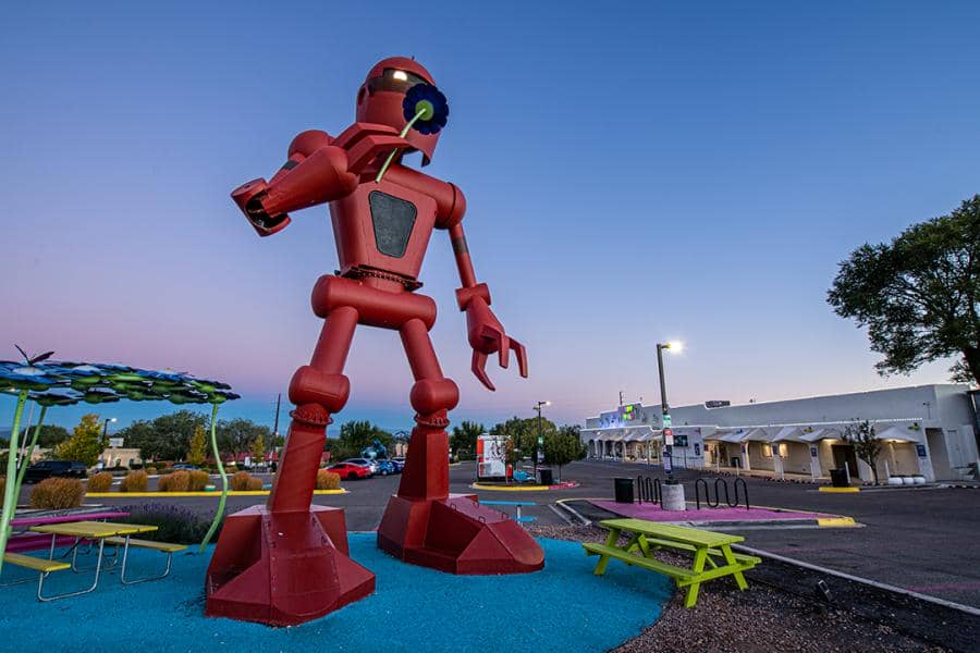 A robot statue outside of Meow Wolf