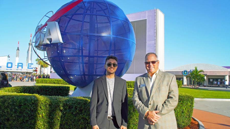 Portrait of Kennedy Space Center Visitor Complex chief operating officer Therrin Protze (right), and CEO of Blunt Action Colby Hampton (left)