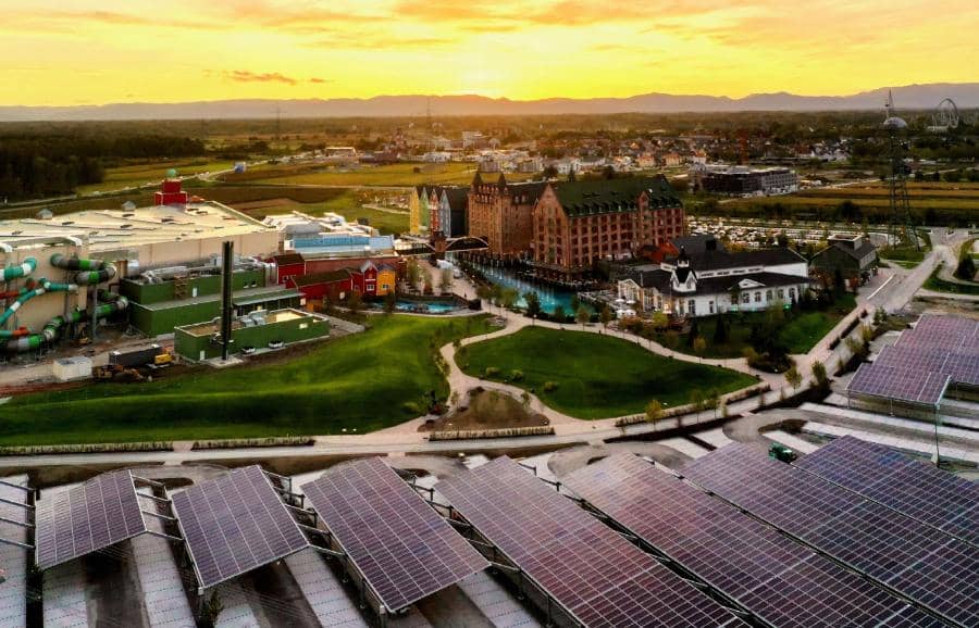 Aerial view of photovoltaic solar panels at Europa-Park's Rulantica water park