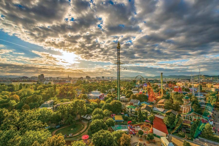 Aerial panoramic overview of Prater Vienna Amusement Park