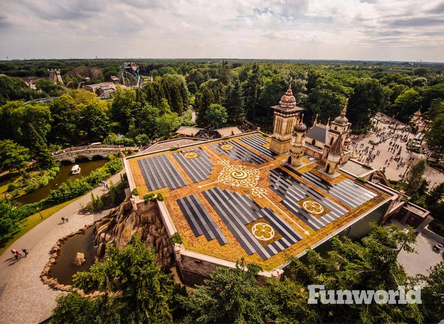 Solar panels on top of a ride show building at Efteling